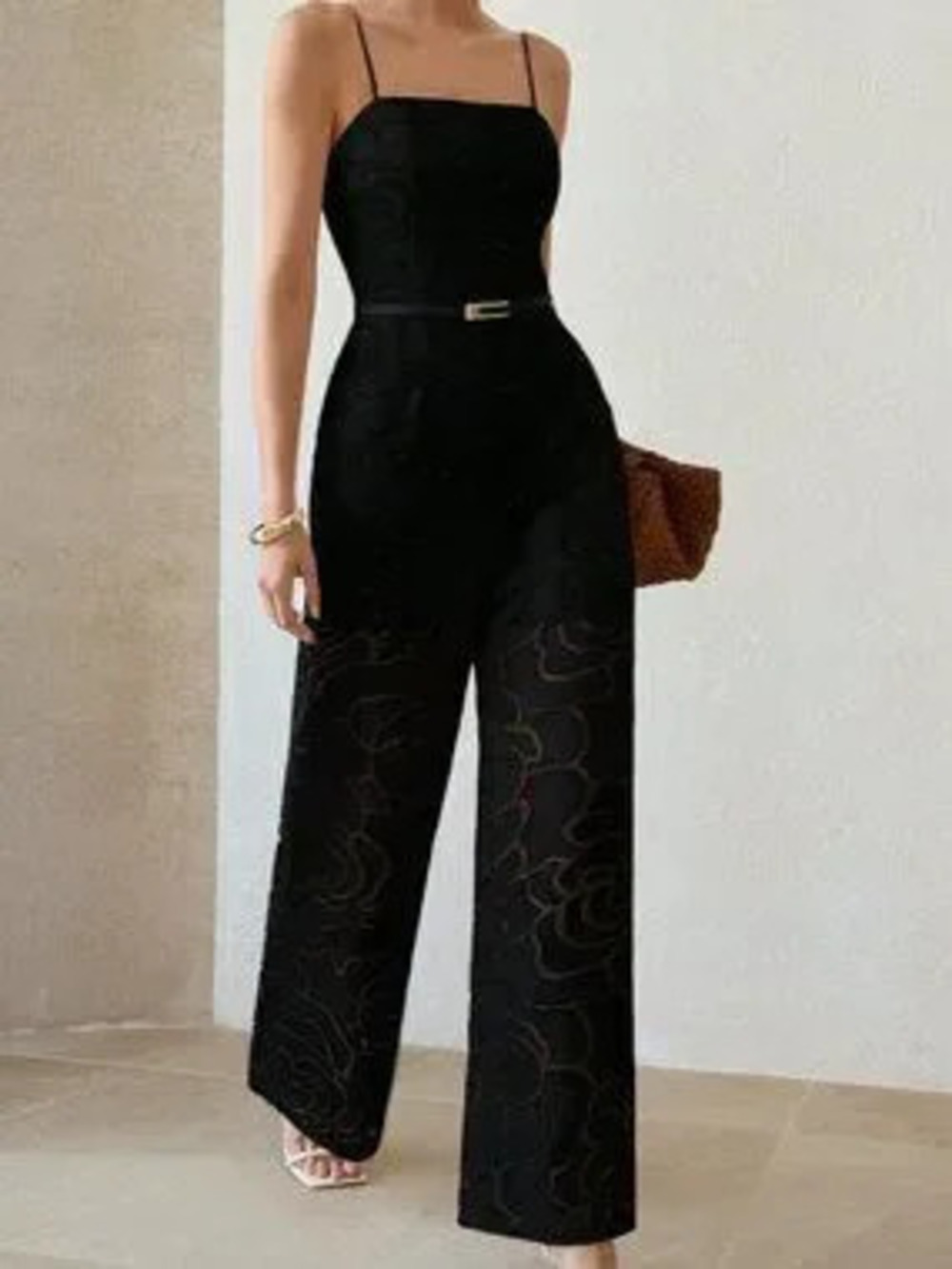 ZARA Black Elegant Women's Textured Spaghetti Strap Waist-Cinching Jumpsuit